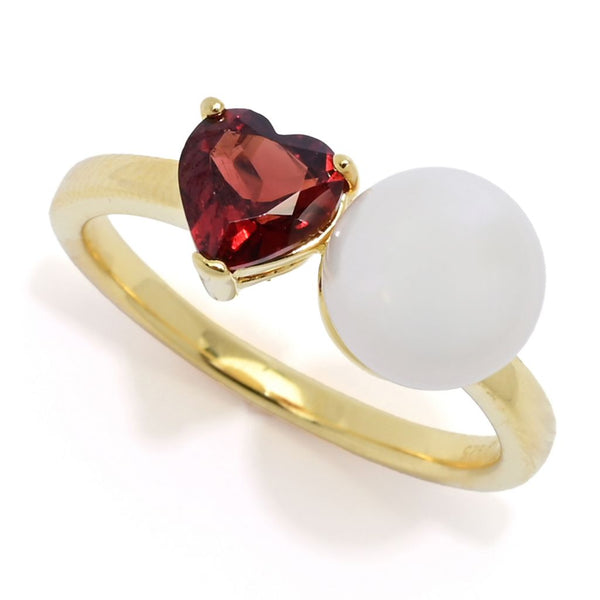 pin up girl 18K Gold Plated "Hollywood" Cultured Pearl & Heart Shape Gem "Toi et Moi" Ring