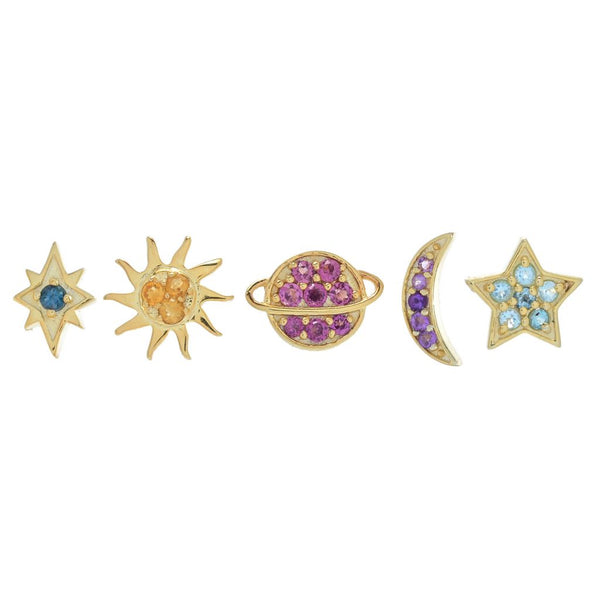 pin up girl 18K Gold Plated Set of 5 Gemstone Celestial Single Stud Earrings