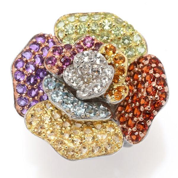 pin up girl 18K Gold & Platinum Plated 4.92ctw Multi Gem Blooming Flower High Set Ring