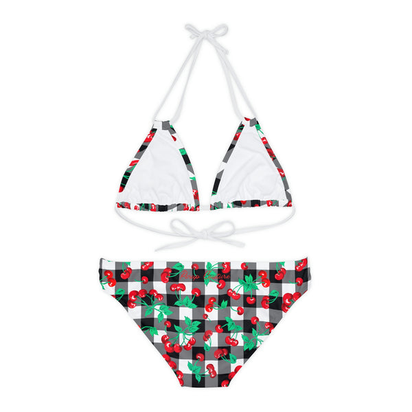 Pin Up Girl 90s Vintage Black Gingham Cherry Print Strappy Bikini Set | Pinup Couture Swim