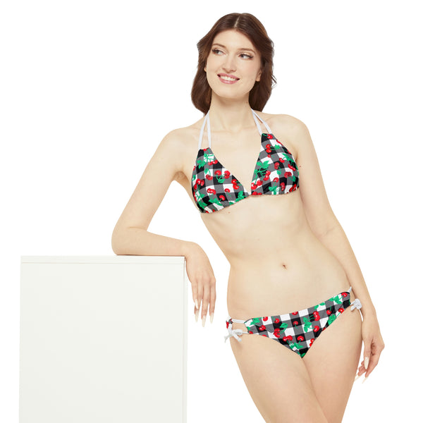 Pin Up Girl 90s Vintage Black Gingham Cherry Print Strappy Bikini Set | Pinup Couture Swim