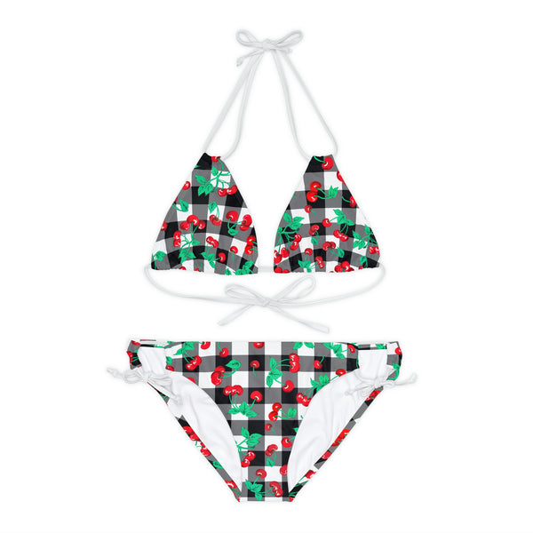 pin up girl 90s Vintage Black Gingham Cherry Print Strappy Bikini Set | Pinup Couture Swim