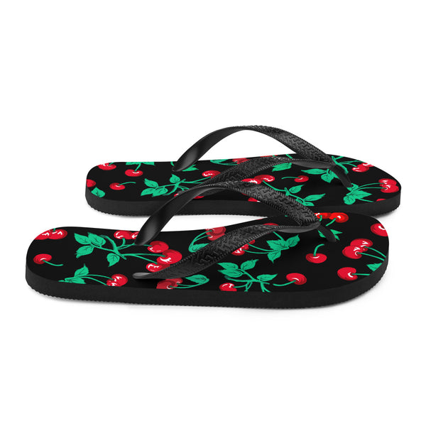 Pin Up Girl 90s Vintage Thong Flip-Flop Beach Sandals In Black Cherry Print | Pinup Couture
