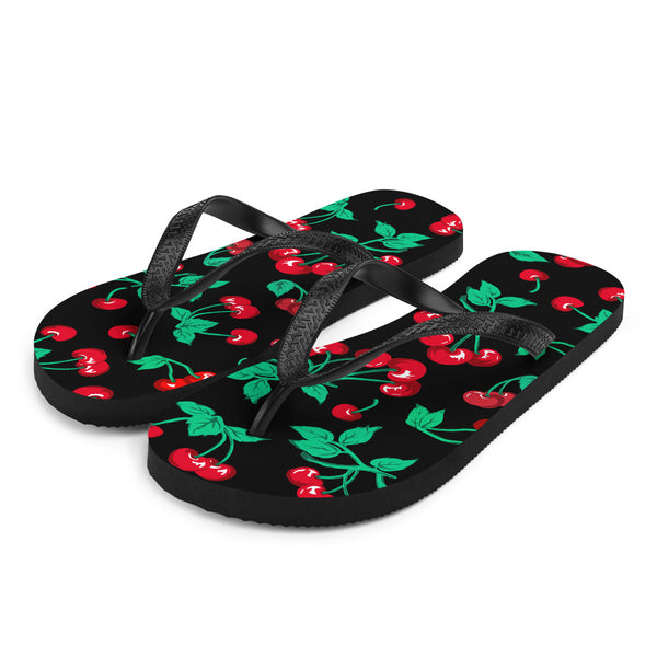 Pin Up Girl 90s Vintage Thong Flip-Flop Beach Sandals In Black Cherry Print | Pinup Couture