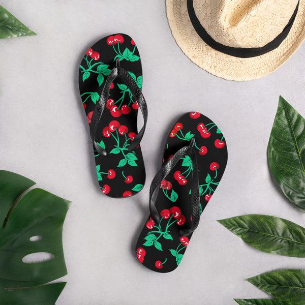 pin up girl 90s Vintage Thong Flip-Flop Beach Sandals in Black Cherry Print | Pinup Couture