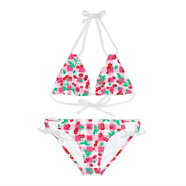 pin up girl Alex Pink Vintage Gingham Cherry Print Strappy Bikini Set | Pinup Couture Swim
