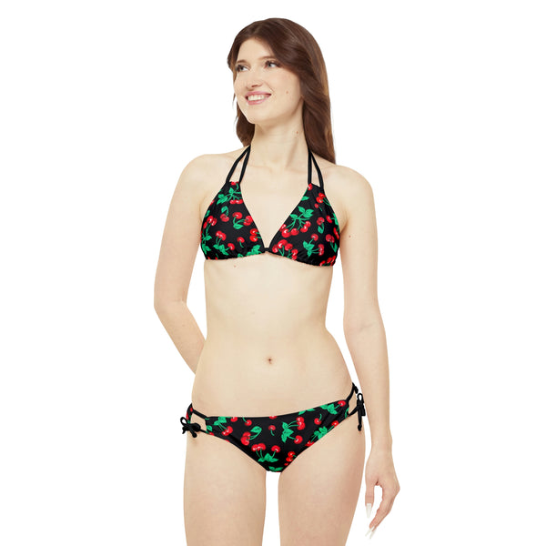 Pin Up Girl Alex Strappy Bikini Set In Black Vintage Cherry Print| Pinup Couture Swim