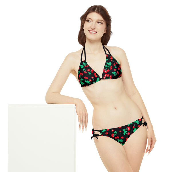 Pin Up Girl Alex Strappy Bikini Set In Black Vintage Cherry Print| Pinup Couture Swim