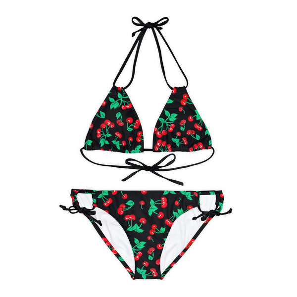 pin up girl Alex Strappy Bikini Set in Black Vintage Cherry Print| Pinup Couture Swim