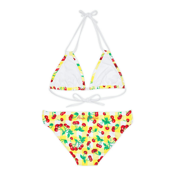 Pin Up Girl Alex Yellow Gingham Cherry Print Strappy Bikini Set | Pinup Couture Swim