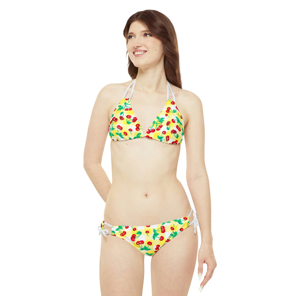 Pin Up Girl Alex Yellow Gingham Cherry Print Strappy Bikini Set | Pinup Couture Swim