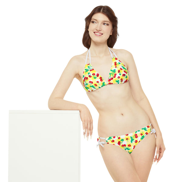 Pin Up Girl Alex Yellow Gingham Cherry Print Strappy Bikini Set | Pinup Couture Swim