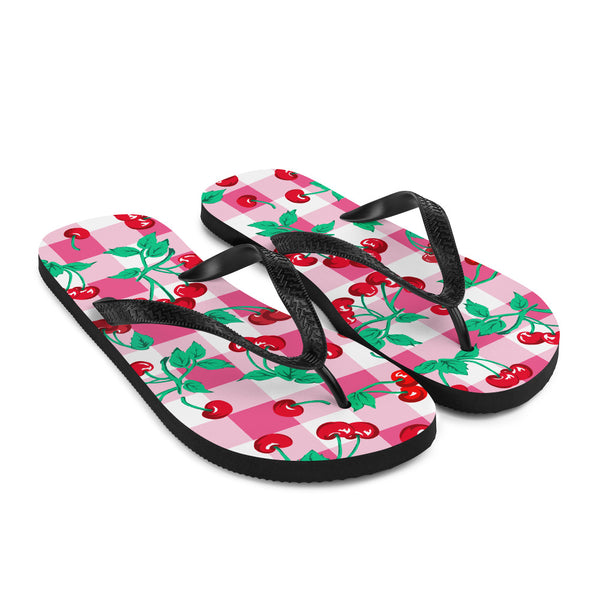 Pin Up Girl Amie Thong Flip-Flop Beach Sandals In Pink Gingham Cherry Girl | Pinup Couture Relaxed
