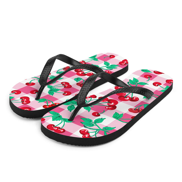 Pin Up Girl Amie Thong Flip-Flop Beach Sandals In Pink Gingham Cherry Girl | Pinup Couture Relaxed