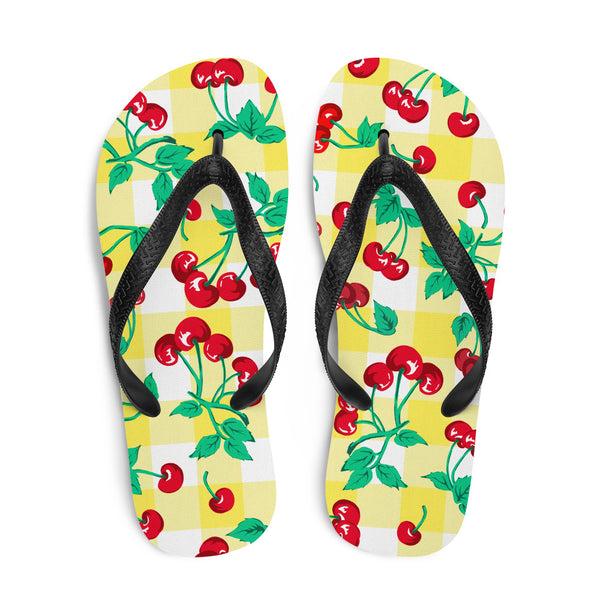 Pin Up Girl Amie Thong Flip-Flop Beach Sandals In Yellow Gingham Cherry Girl | Pinup Couture Relaxed