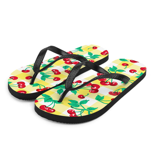 Pin Up Girl Amie Thong Flip-Flop Beach Sandals In Yellow Gingham Cherry Girl | Pinup Couture Relaxed