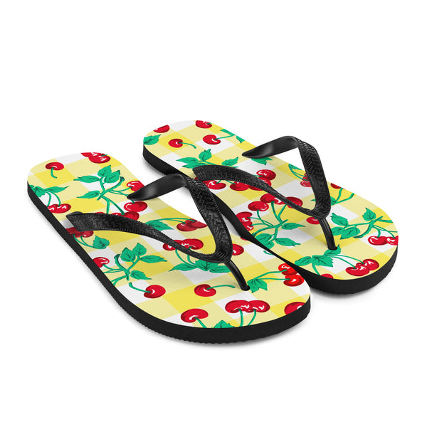 Pin Up Girl Amie Thong Flip-Flop Beach Sandals In Yellow Gingham Cherry Girl | Pinup Couture Relaxed