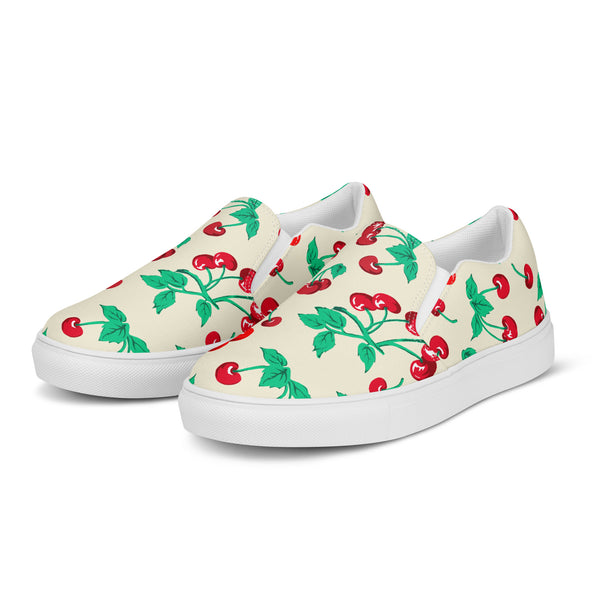 Pin Up Girl Antique Ivory Cherry Girl Women's Canvas Slip-On Flat Deck Shoes | Pinup Couture Relaxed