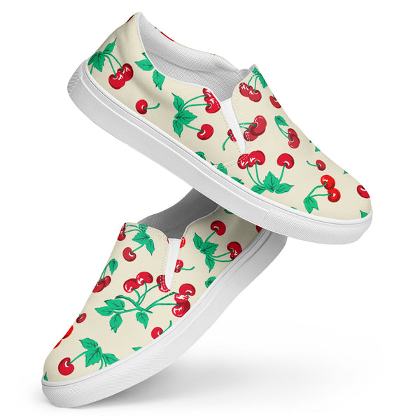 pin up girl Antique Ivory Cherry Girl Women's Canvas Slip-On Flat Deck Shoes | Pinup Couture Relaxed