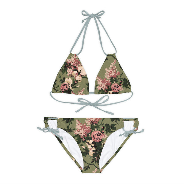 pin up girl Antoinette Caledonia Green Bella Roses Strappy 2pc Bikini Set | Pinup Couture Swim