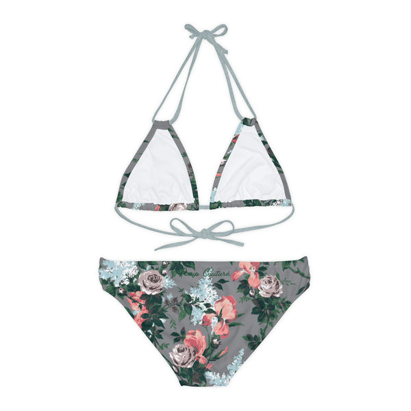 Pin Up Girl Antoinette Grey Bella Roses Strappy Bikini Set | Pinup Couture Swim