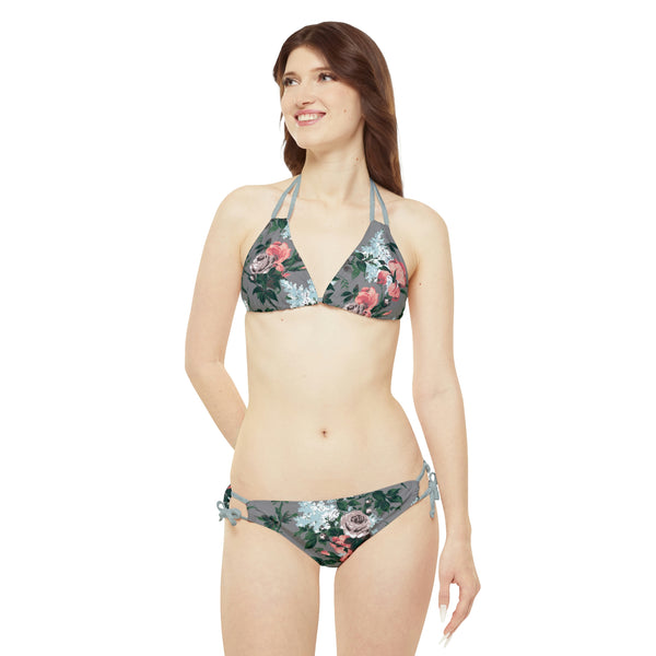 Pin Up Girl Antoinette Grey Bella Roses Strappy Bikini Set | Pinup Couture Swim