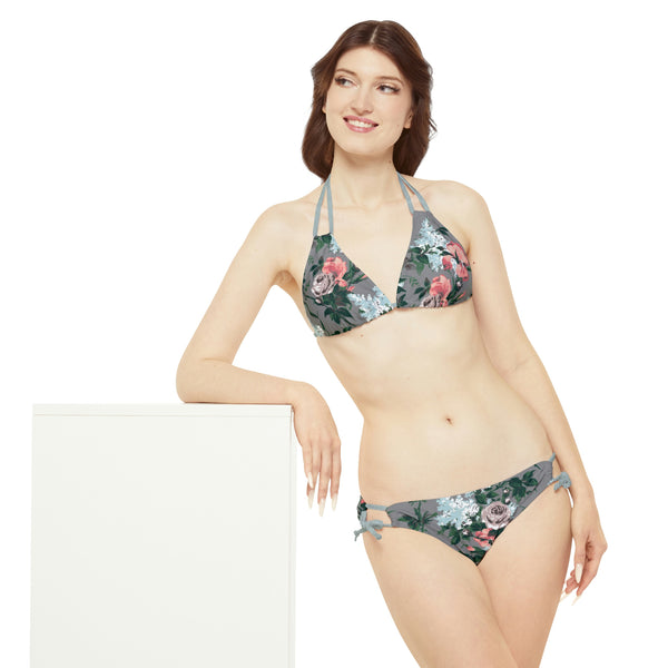 Pin Up Girl Antoinette Grey Bella Roses Strappy Bikini Set | Pinup Couture Swim