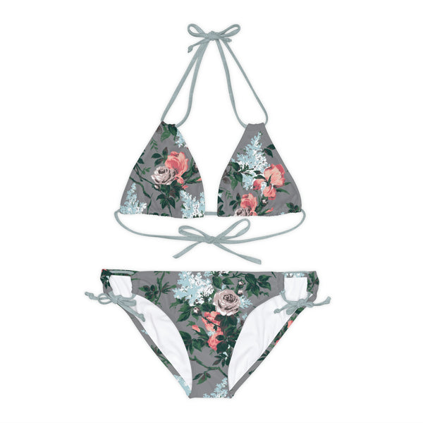 pin up girl Antoinette Grey Bella Roses Strappy Bikini Set | Pinup Couture Swim