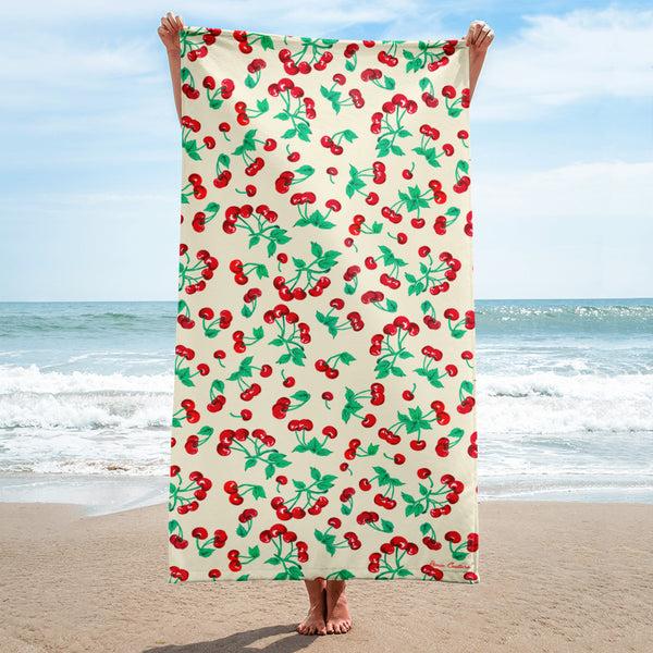 pin up girl Arden Antique Ivory Cherry Girl Beach & Bath Towel | Pinup Couture Home
