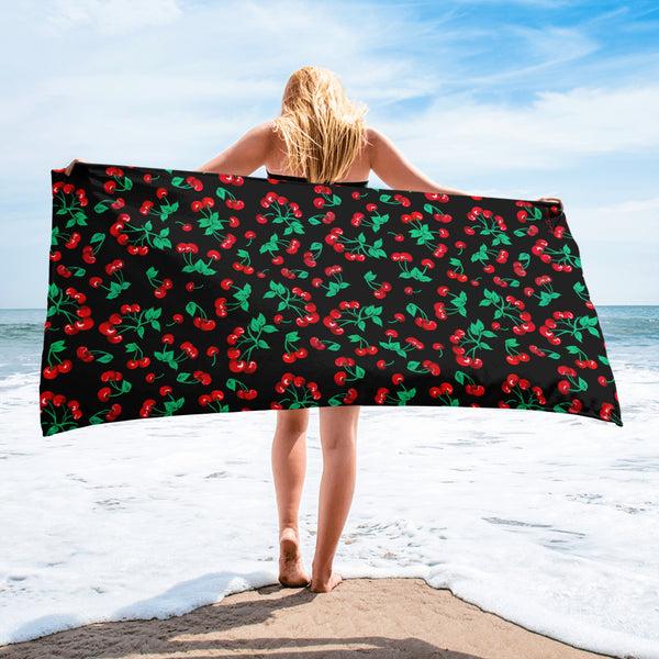 Pin Up Girl Arden Black Coffee Cherry Girl Beach & Bath Towel | Pinup Couture Home