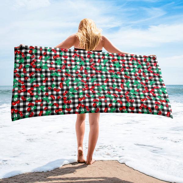 Pin Up Girl Arden Black Gingham Cherry Girl Beach & Bath Towel | Pinup Couture Home