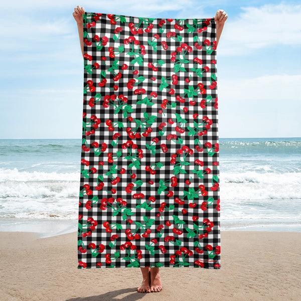 pin up girl Arden Black Gingham Cherry Girl Beach & Bath Towel | Pinup Couture Home