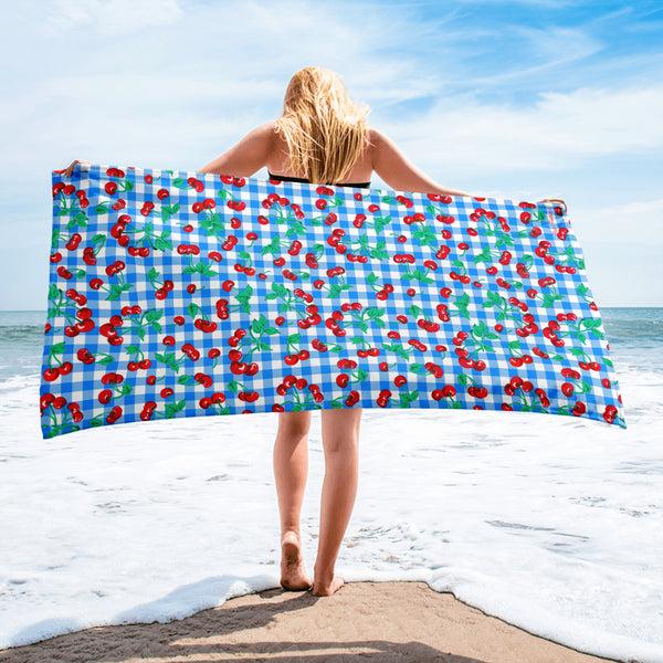 Pin Up Girl Arden Blue Gingham Cherry Girl Beach & Bath Towel | Pinup Couture Home