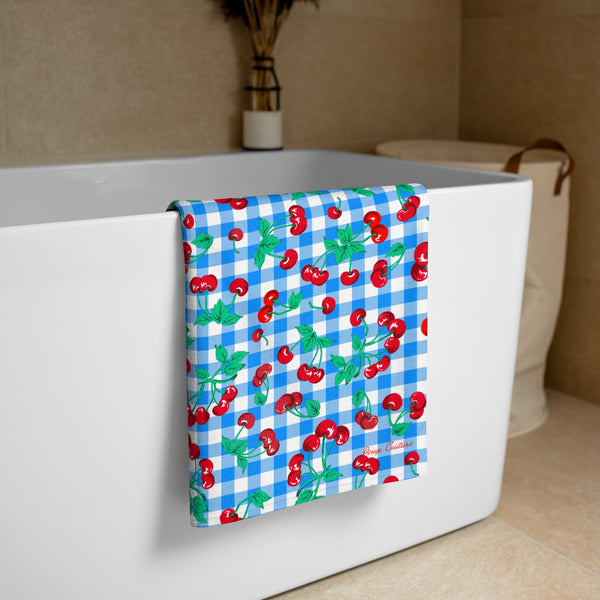 Pin Up Girl Arden Blue Gingham Cherry Girl Beach & Bath Towel | Pinup Couture Home