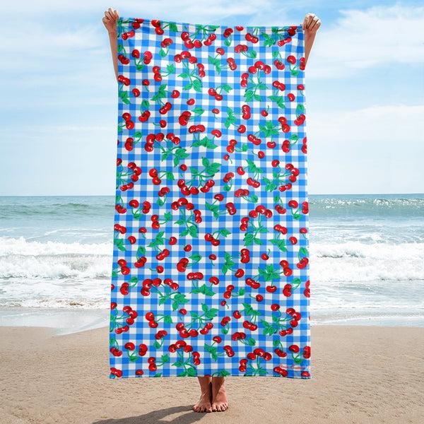 pin up girl Arden Blue Gingham Cherry Girl Beach & Bath Towel | Pinup Couture Home