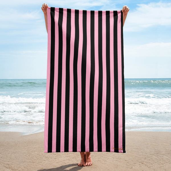 pin up girl Arden Candy Cane Pink & Black Mark Stripe Beach & Bath Towel | Pinup Couture Home