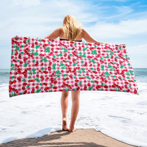 Pin Up Girl Arden Pink Gingham Cherry Girl Beach & Bath Towel | Pinup Couture Home