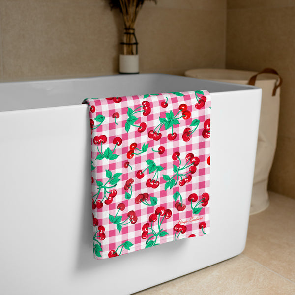 Pin Up Girl Arden Pink Gingham Cherry Girl Beach & Bath Towel | Pinup Couture Home