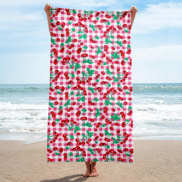 pin up girl Arden Pink Gingham Cherry Girl Beach & Bath Towel | Pinup Couture Home
