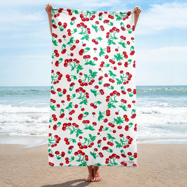 pin up girl Arden White Chocolate Cherry Girl Beach & Bath Towel | Pinup Couture Home