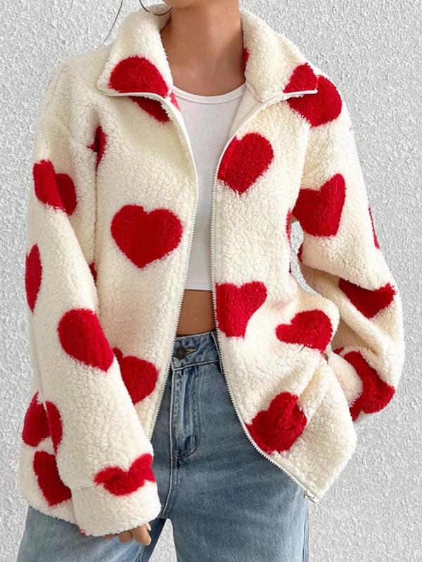 Pin Up Girl Aria Heart Zip Up Drop Shoulder Furry Jacket | 3 Colors | Poundton