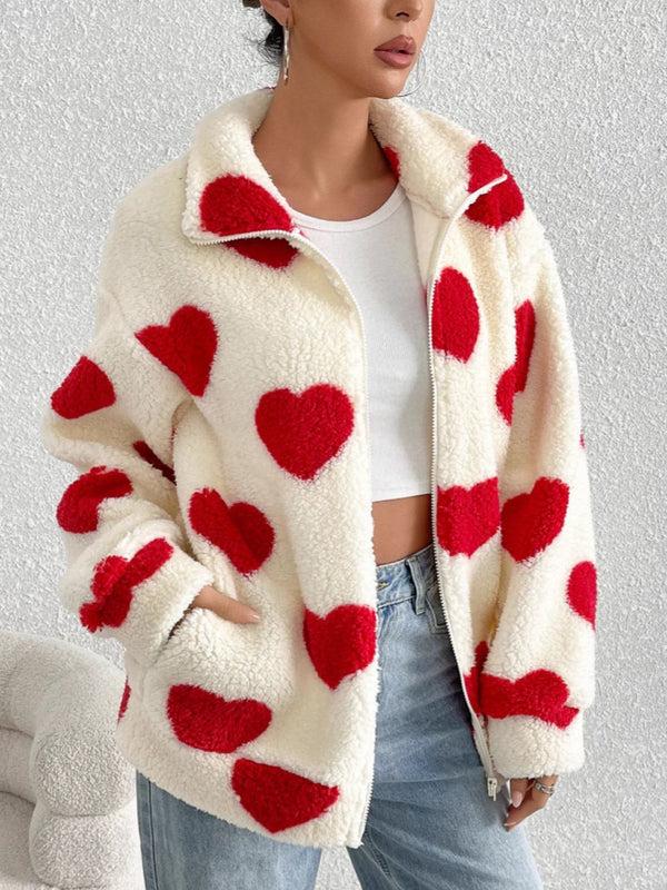 Pin Up Girl Aria Heart Zip Up Drop Shoulder Furry Jacket | 3 Colors | Poundton