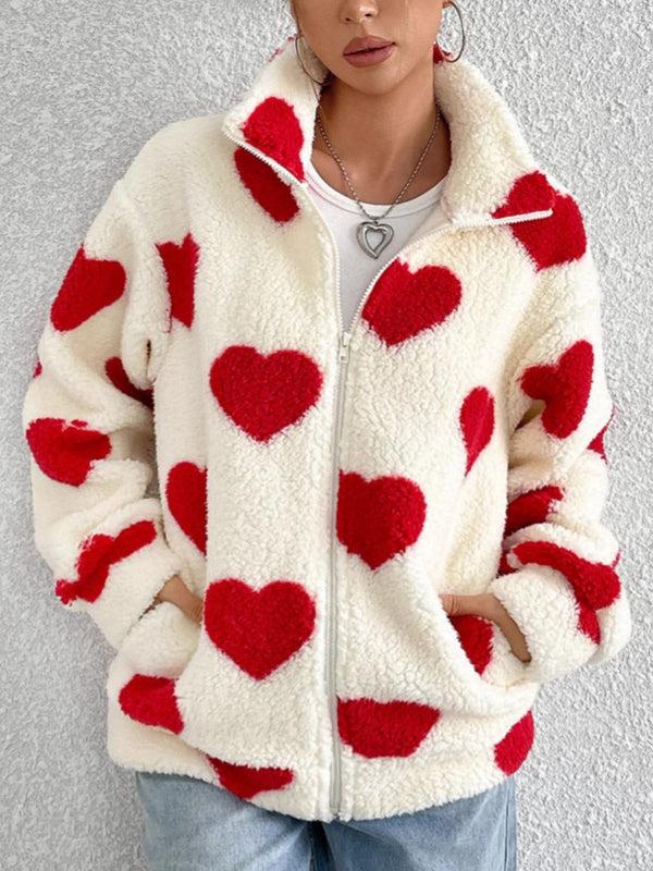 pin up girl Aria Heart Zip Up Drop Shoulder Furry Jacket | 3 Colors | Poundton