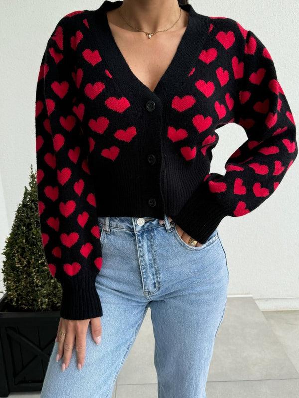 pin up girl Aurora Valentine's Day Heart V-Neck Cropped Cardigan | Poundton
