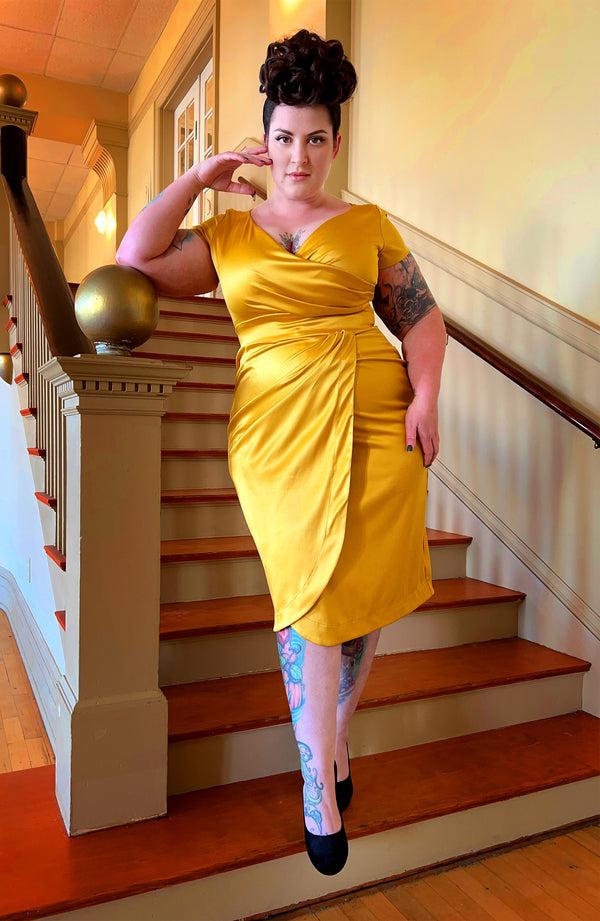 Pin Up Girl Ava Faux Wrap Wiggle Dress In Golden Mustard Satin | Pinup Couture