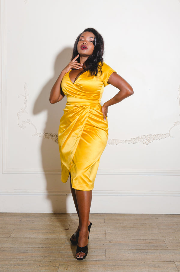 pin up girl Ava Faux Wrap Wiggle Dress in Golden Mustard Satin | Pinup Couture