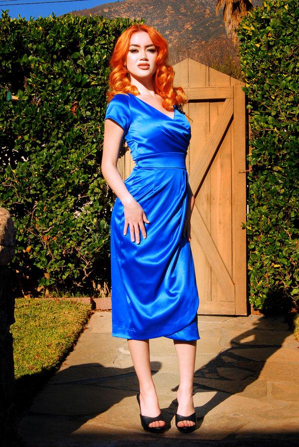 Pin Up Girl Ava Faux Wrap Wiggle Dress In Royal Blue Satin | Pinup Couture