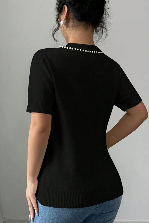 Pin Up Girl Bella Pearl Bow Necklace Embellished Short Sleeve Knit Top | Poundton