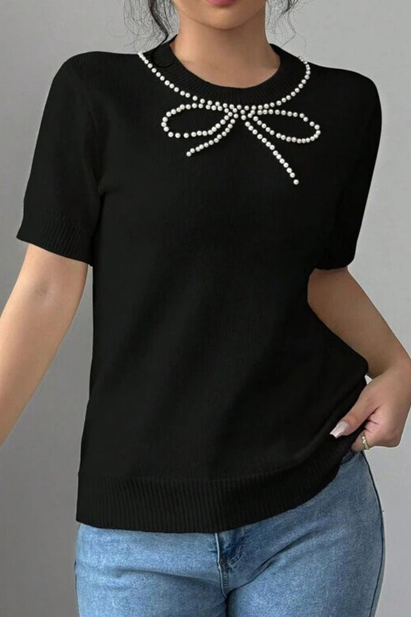 Pin Up Girl Bella Pearl Bow Necklace Embellished Short Sleeve Knit Top | Poundton