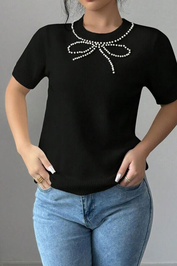 Pin Up Girl Bella Pearl Bow Necklace Embellished Short Sleeve Knit Top | Poundton